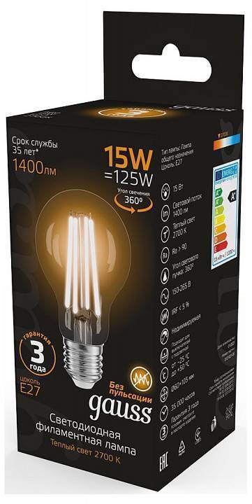 Лампа светодиодная Gauss Filament A60 E27 15 Вт 2700 K 102902115