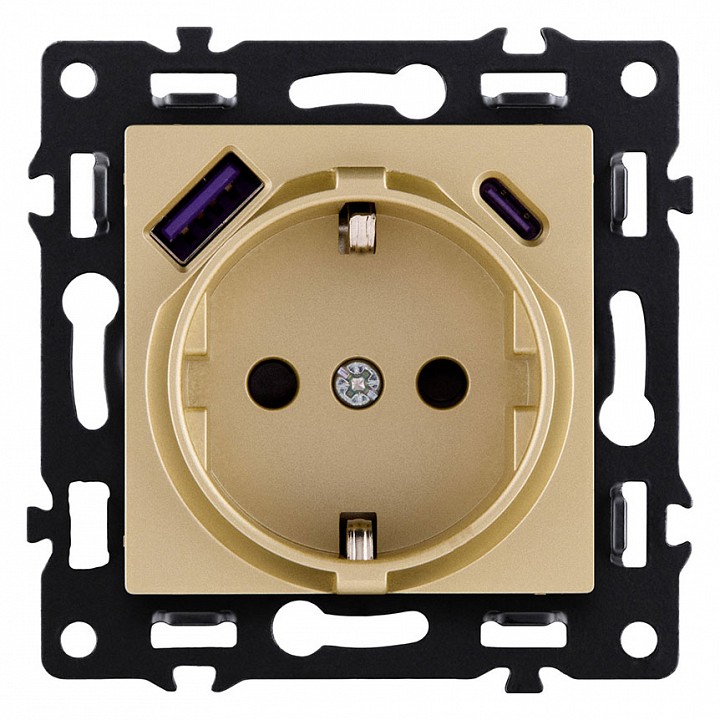 Розетка с заземлением и со шторкой и 2хUSB type A и C, без рамки Kollinger Asthetik AS-016GD