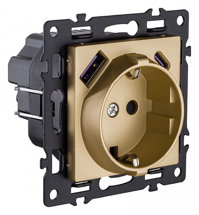 Розетка с заземлением и со шторкой и 2хUSB type A и C, без рамки Kollinger Asthetik AS-016GD