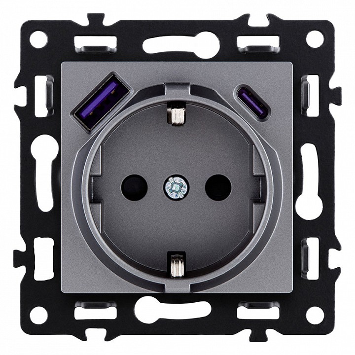 Розетка с заземлением и со шторкой и 2хUSB type A и C, без рамки Kollinger Asthetik AS-016GY