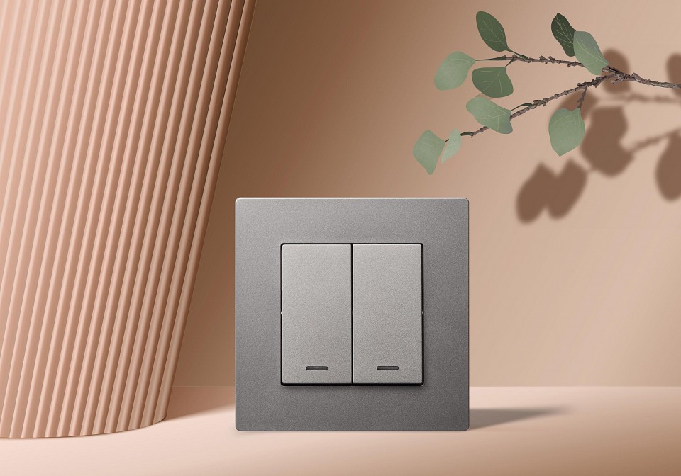 Выключатель двухклавишный с подсветкой без рамки Kollinger  REA-S-008GY