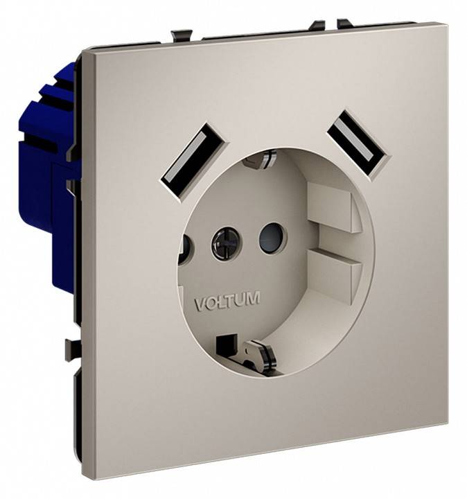 Розетка с заземлением и со шторкой и 2хUSB type A, без рамки Voltum S70 VLS040403