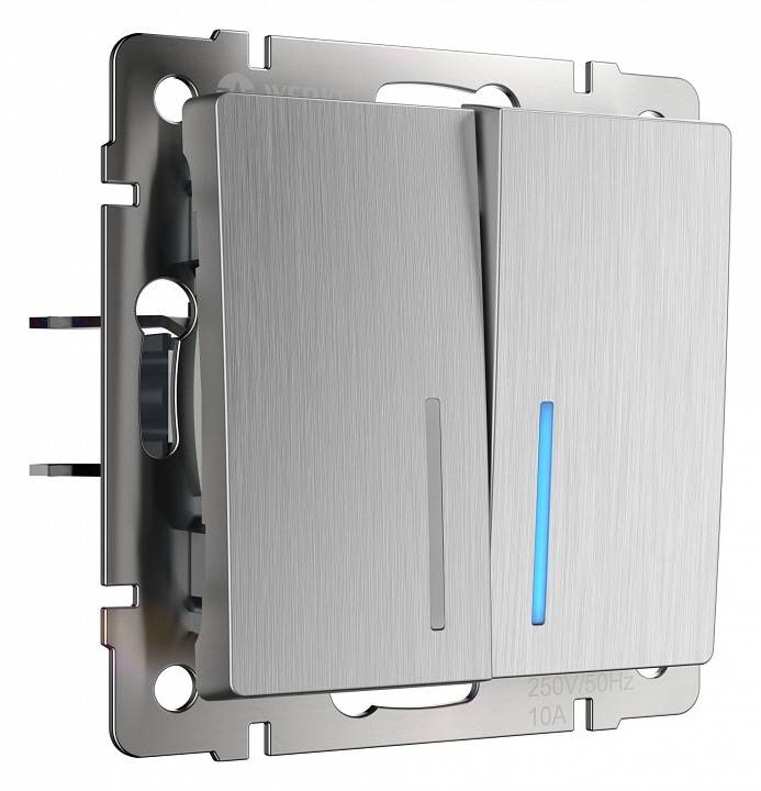 Выключатель двухклавишный с подсветкой без рамки Werkel серебряный рифленый W1120109