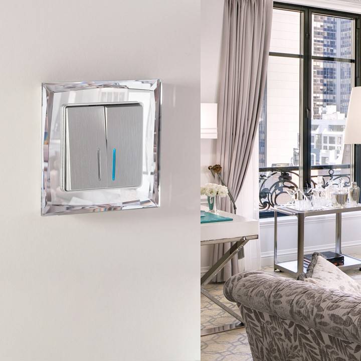 Выключатель двухклавишный с подсветкой без рамки Werkel серебряный рифленый W1120109