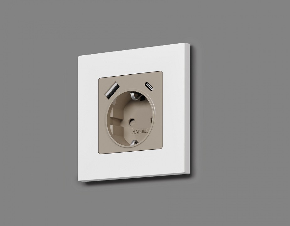 Накладка для розетки с заземлением и со шторками и 2хUSB type A и C Ambrella Volt Quant AP3700