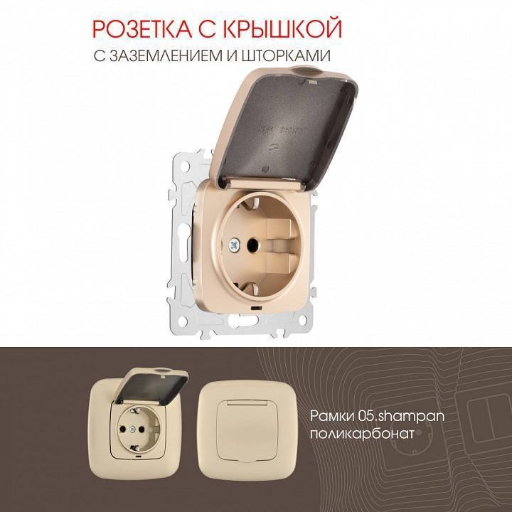 Розетка влагозащищенная с заземлением и со шторкой с крышкой Arte Milano am-205 205.41-1.shampan