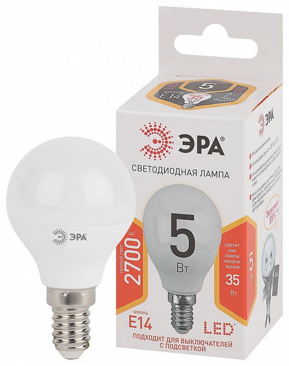 Лампа светодиодная Эра Стандарт LED P45-5W-827-E14