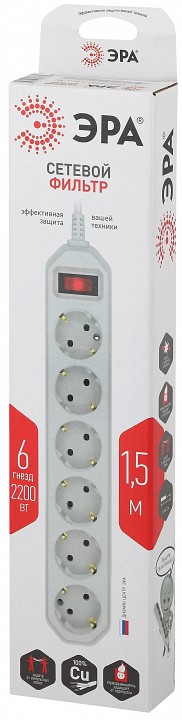 Удлинитель с выключателем Эра  USF-6es-1,5m-W-BOX