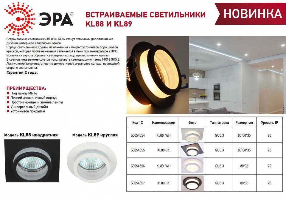 Встраиваемый светильник Эра KL89 WH Б0054356