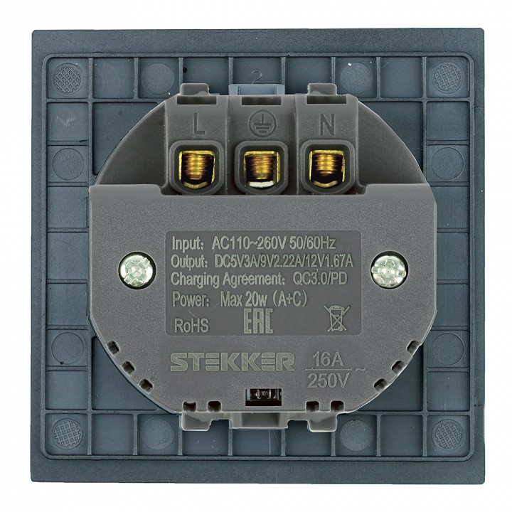 Розетка с заземлением и со шторкой и 2хUSB type A и C, без рамки Stekker Мия 50452