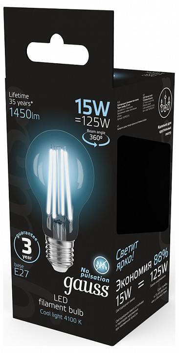 Лампа светодиодная Gauss Filament A60 E27 15 Вт 4100 K 102902215