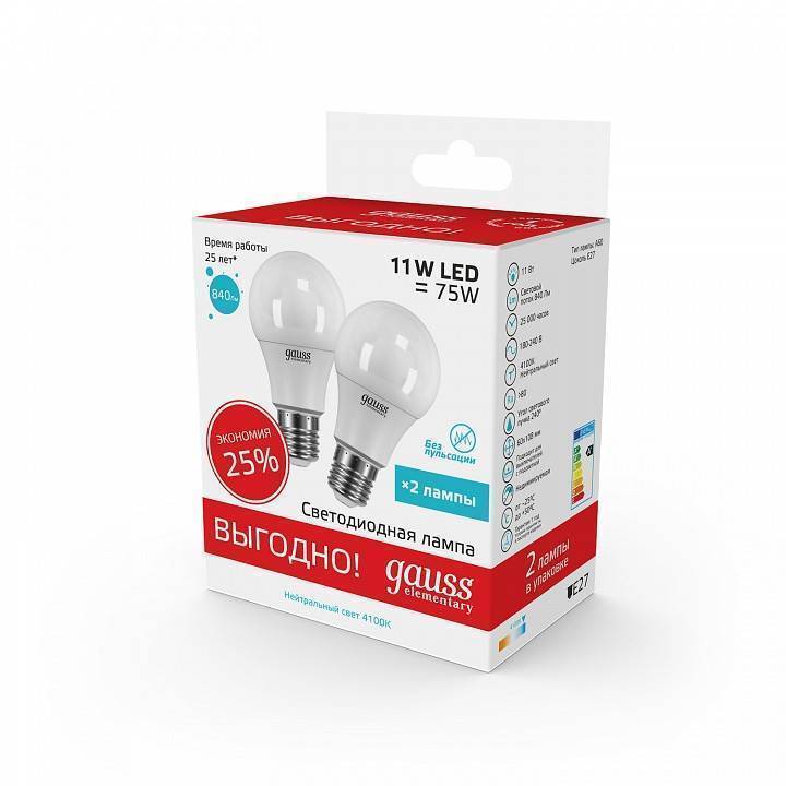 Набор светодиодных ламп Gauss Elementary A60 E27 11 Вт 4100 K 2 шт. 23221P