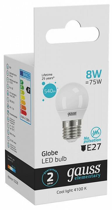 Лампа светодиодная Gauss Elementary A60 8 Вт E27 4100 К 53228