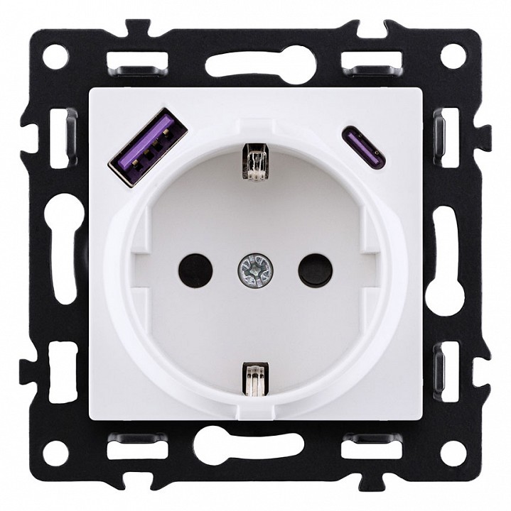 Розетка с заземлением и со шторкой и 2хUSB type A и C, без рамки Kollinger Asthetik AS-016WH