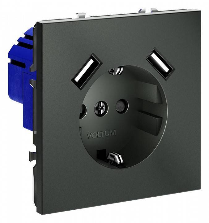 Розетка с заземлением и со шторкой и 2хUSB type A, без рамки Voltum S70 VLS040406