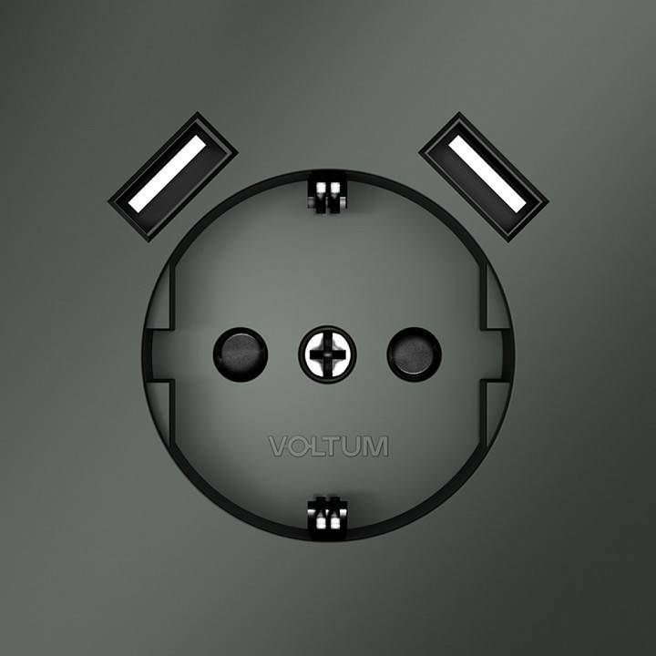 Розетка с заземлением и со шторкой и 2хUSB type A, без рамки Voltum S70 VLS040406