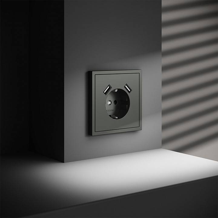 Розетка с заземлением и со шторкой и 2хUSB type A, без рамки Voltum S70 VLS040406