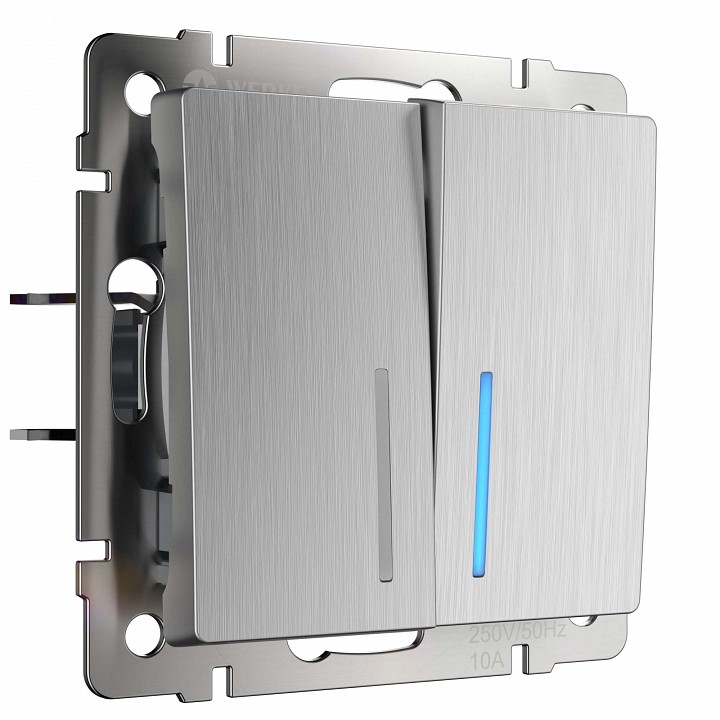 Выключатель двухклавишный с подсветкой без рамки Werkel cеребряный рифленый W1120109