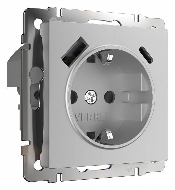 Розетка с заземлением шторками и 2xUSB без рамки Werkel серебряный W1171706
