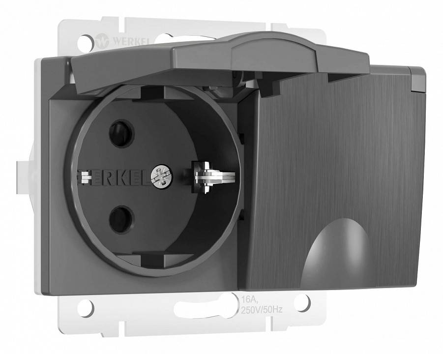 Розетка двойная влагозащищенная с заземлением и с шторками, без рамки с крышкой Werkel графит W1172204