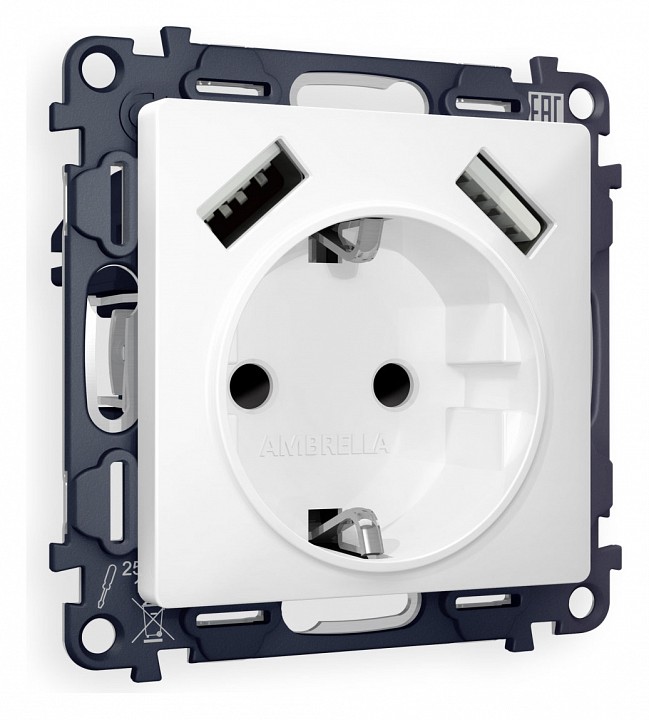 Розетка с заземлением и со шторкой и 2хUSB type A, без рамки Ambrella Volt Quant MA129010