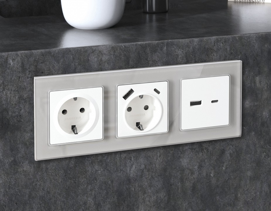 Розетка с заземлением и со шторкой и 2хUSB type A, без рамки Ambrella Volt Quant MA129010