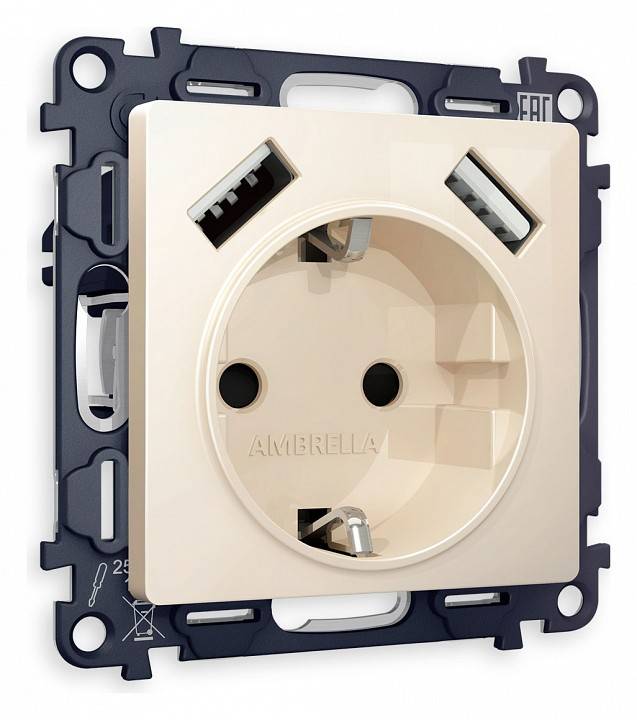 Розетка с заземлением и со шторкой и 2хUSB type A, без рамки Ambrella Volt Quant MA309010