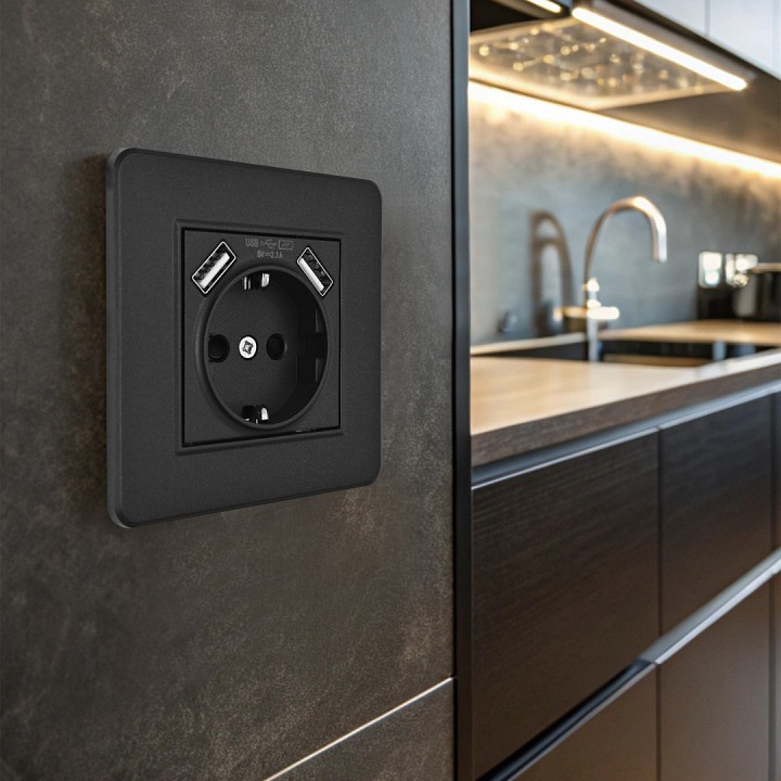 Розетка с заземлением и со шторкой и 2хUSB Arte Milano SET16-1 SET16-1-47-1 black