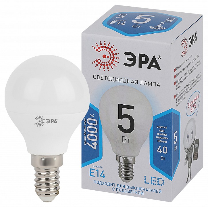 Лампа светодиодная Эра Стандарт LED P45-5W-840-E14
