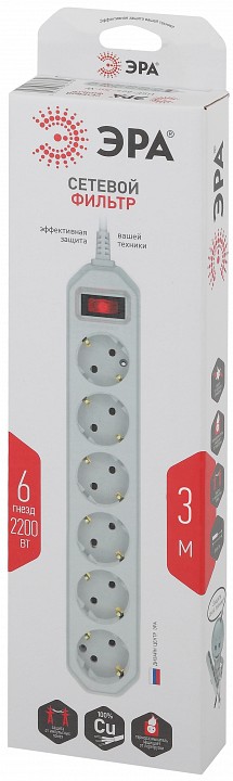 Удлинитель с выключателем Эра  USF-6es-3m-W-BOX