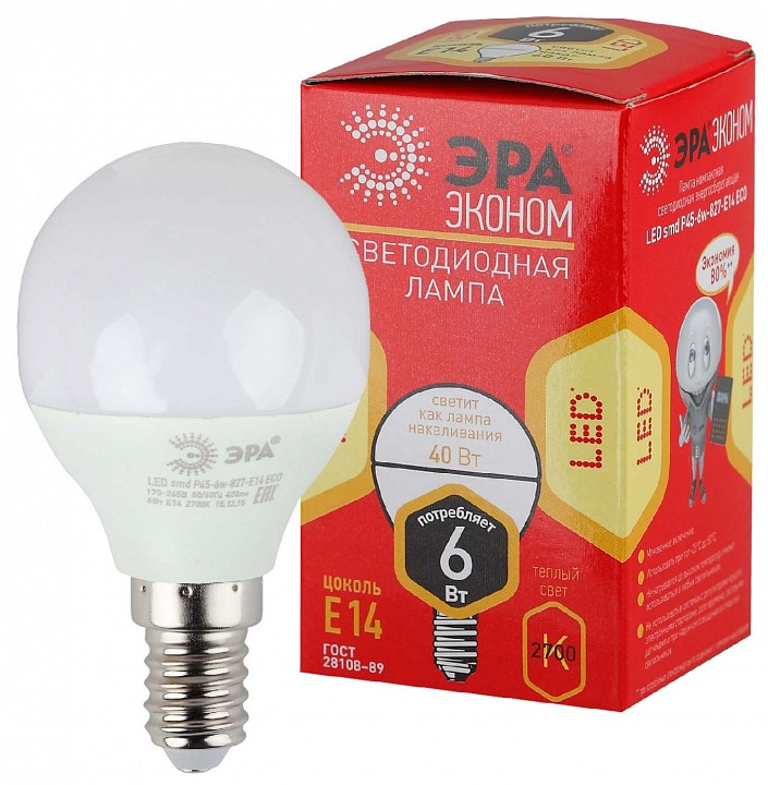 Лампа светодиодная Эра  LED P45-6W-827-E14 R