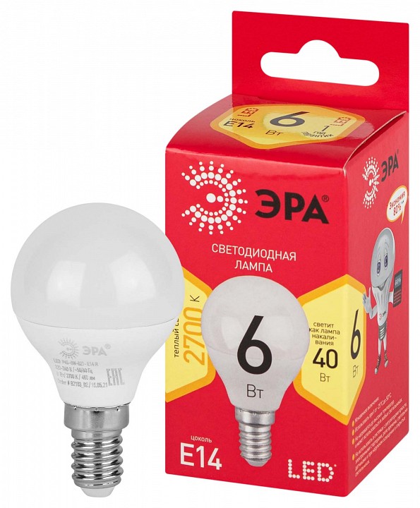 Лампа светодиодная Эра  LED P45-6W-827-E14 R