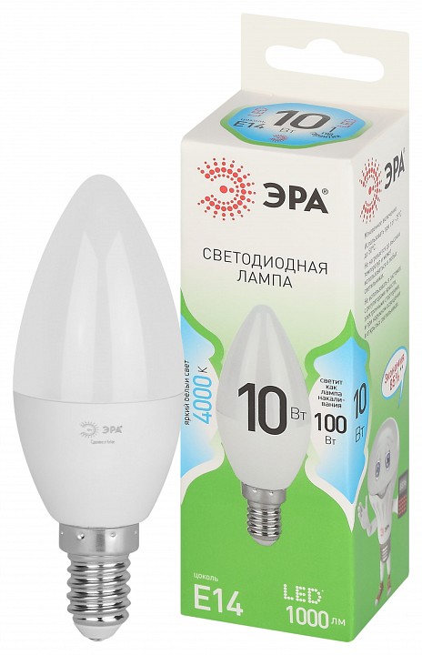 Лампа светодиодная ЭРА Green Line Свеча B35 10 Вт E14 4000 К LED B35-10W-840-E14 GL