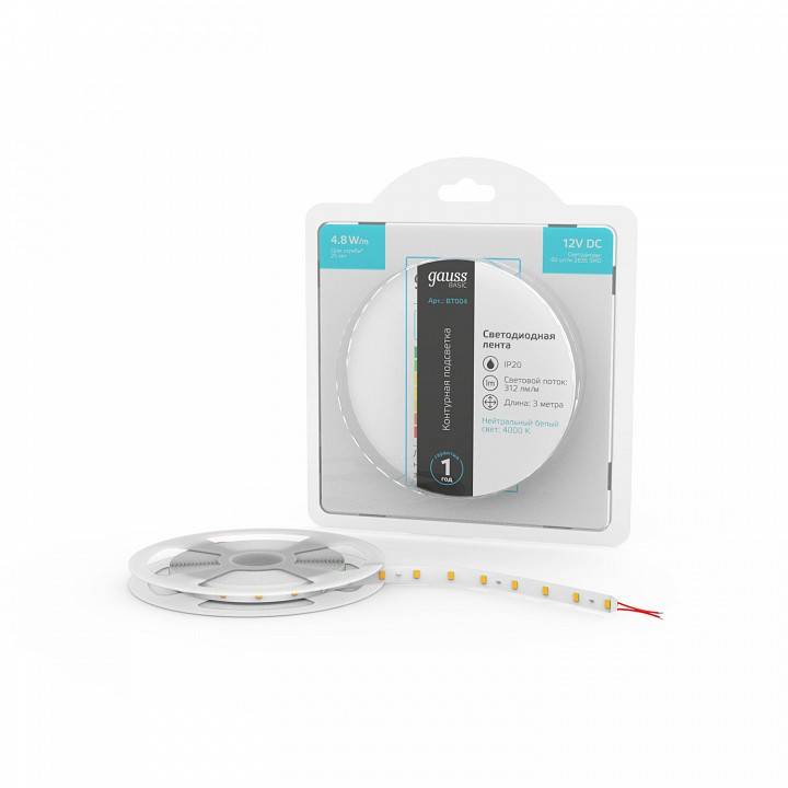 Лента светодиодная Gauss Basic 4.8 Вт/м 12 В IP20 4000 К 5 м BT004