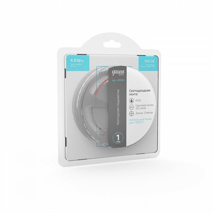 Лента светодиодная Gauss Basic 4.8 Вт/м 12 В IP20 4000 К 5 м BT004