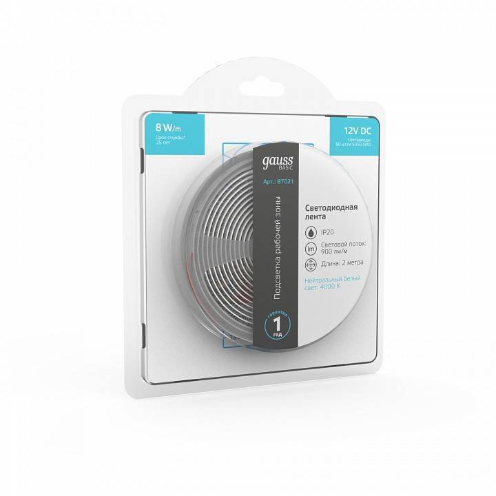 Лента светодиодная Gauss Basic 14.4 Вт/м 12 В IP20 3000 К 5 м BT021
