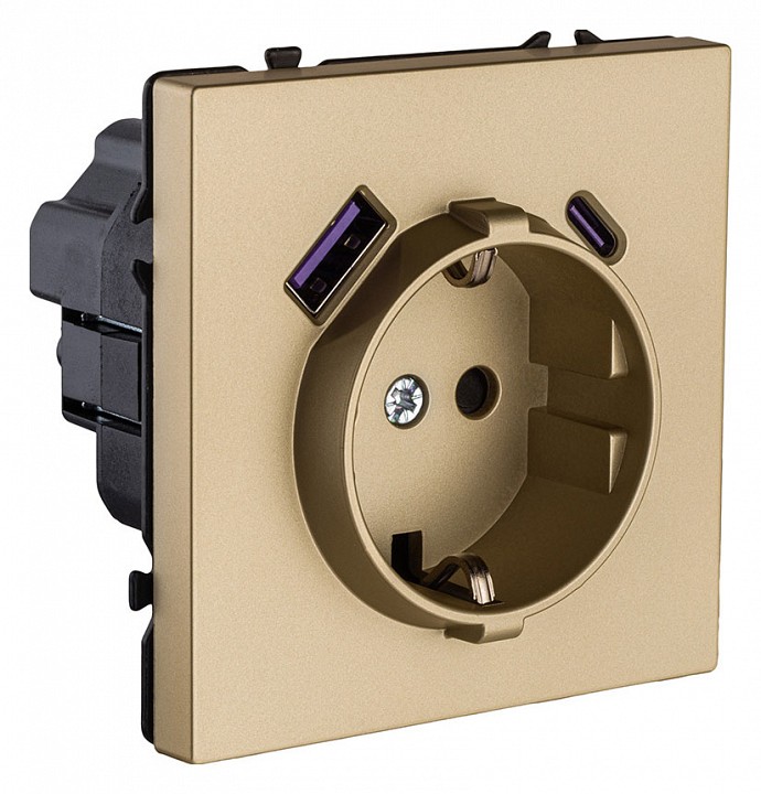 Розетка с заземлением и со шторкой и 2хUSB type A и C, без рамки Kollinger Eclipse EC-016GD