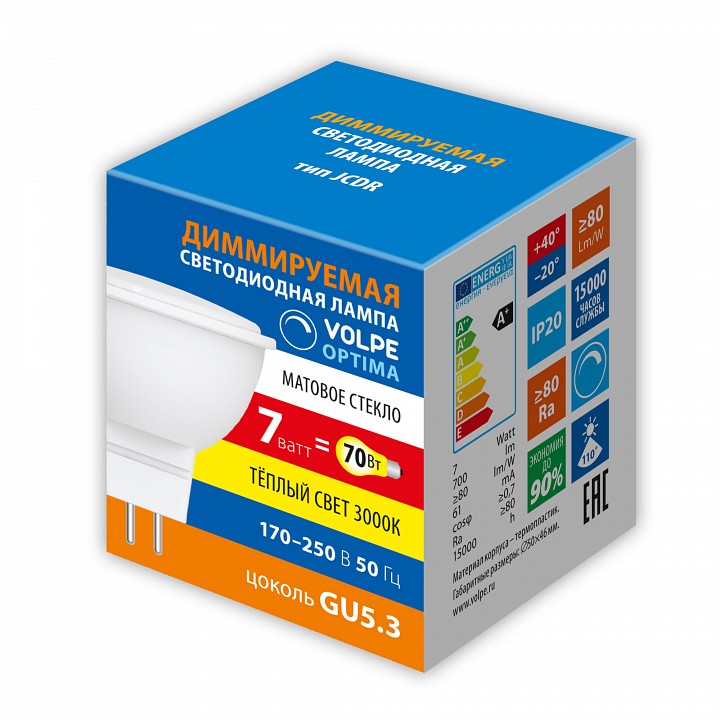 Лампа светодиодная Volpe OPTIMA DIM GU5.3 7Вт 3000K UL-00009235