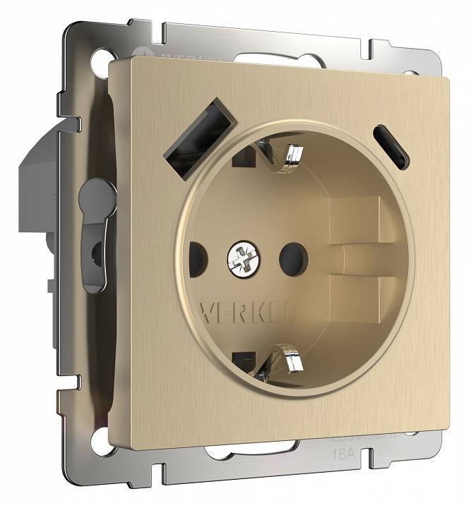 Розетка с заземлением и с шторками и USB, без рамки Werkel шампань рифленый W1171710