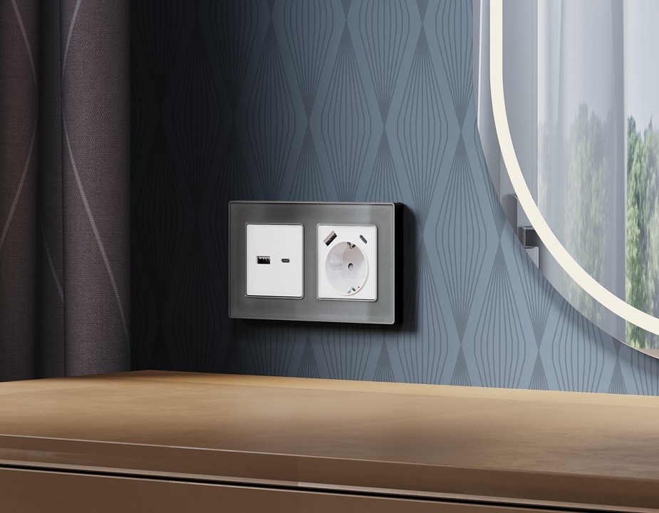 Розетка с заземлением и 2хUSB type A и C, без рамки Ambrella Volt Quant MA130010