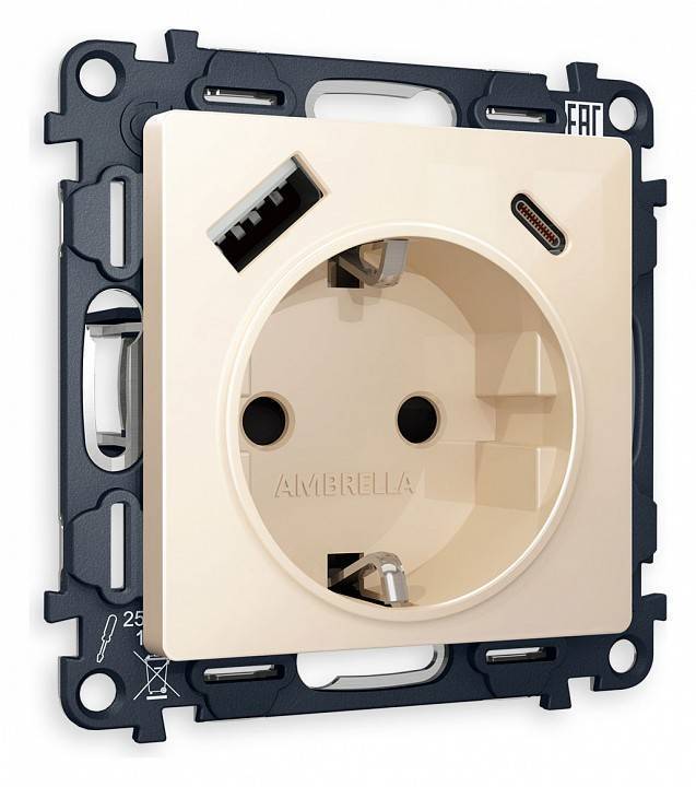 Розетка с заземлением и 2хUSB type A и C, без рамки Ambrella Volt Quant MA310010