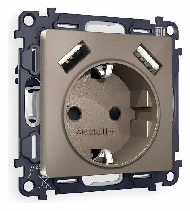 Розетка с заземлением и со шторкой и 2хUSB type A, без рамки Ambrella Volt Quant MA639010