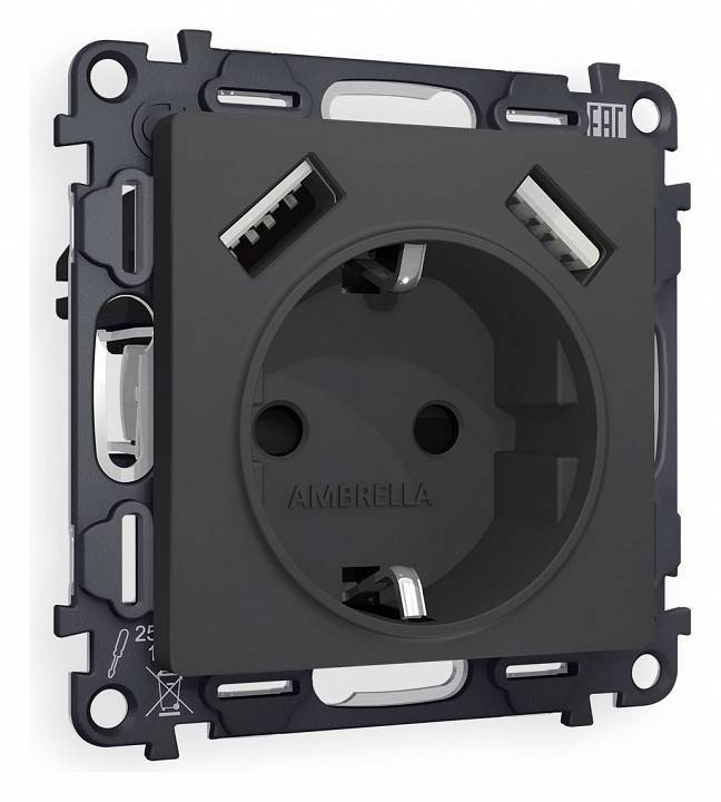 Розетка с заземлением и со шторкой и 2хUSB type A, без рамки Ambrella Volt Quant MA909010