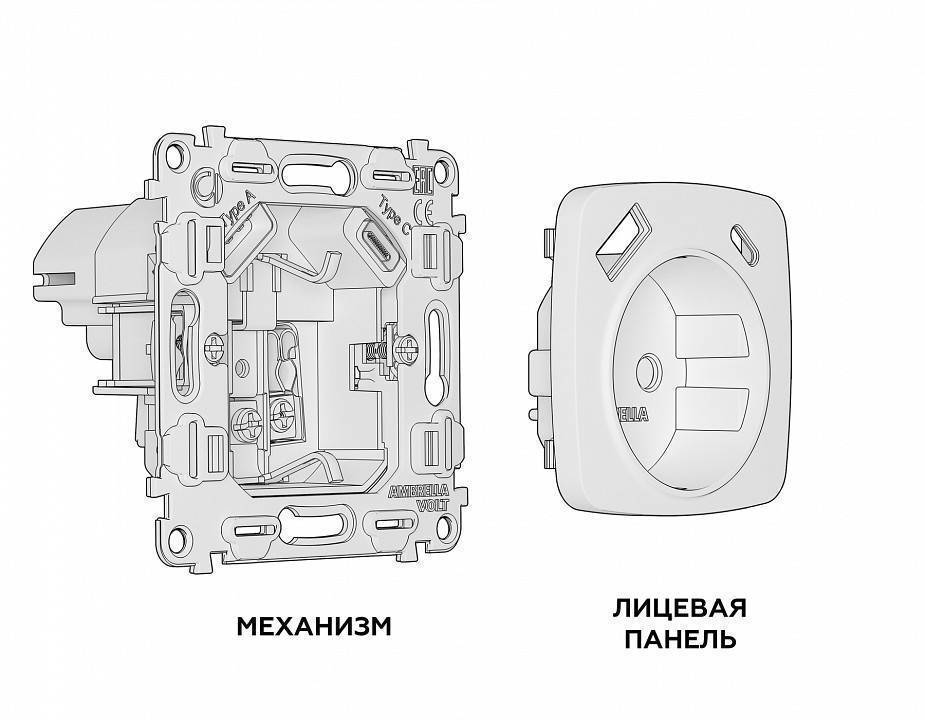 Розетка с заземлением и 2хUSB type A и C, без рамки Ambrella Volt Quant MO610010