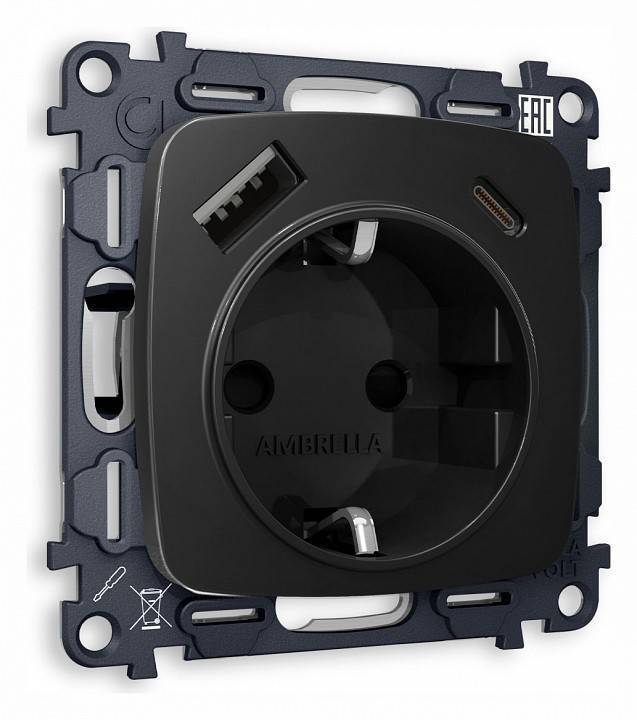 Розетка с заземлением и 2хUSB type A и C, без рамки Ambrella Volt Quant MO810010