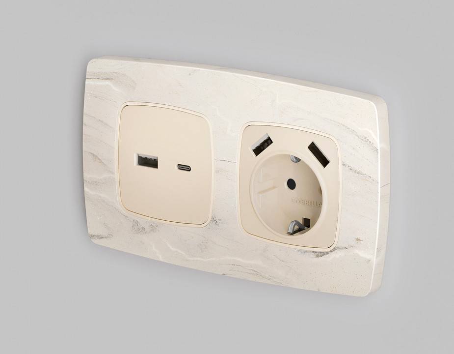 Накладка для розетки с заземлением и со шторками и 2хUSB type A Ambrella Volt Quant OP3090