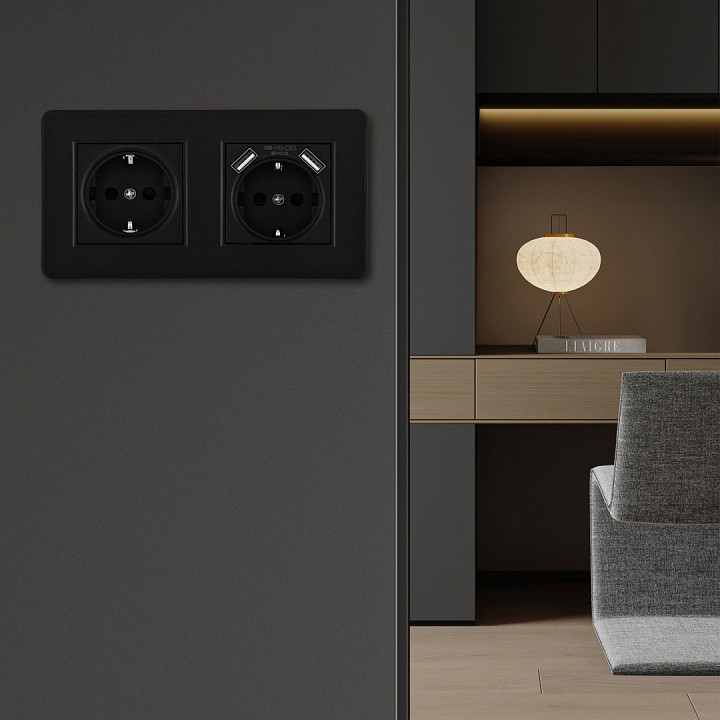 Розетка с заземлением и со шторкой и 2хUSB Arte Milano SET16-2 SET16-2-47-1-40-1 black