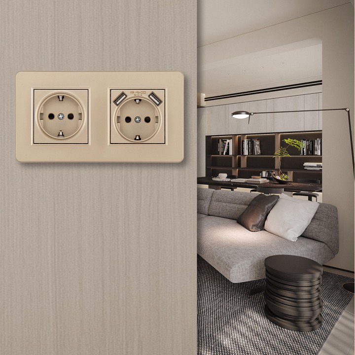 Розетка с заземлением и со шторкой и 2хUSB Arte Milano SET16-2 SET16-2-47-1-40-1 shampan