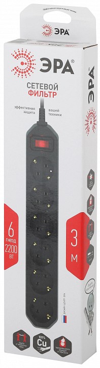 Удлинитель с выключателем Эра  USF-6es-3m-B-BOX