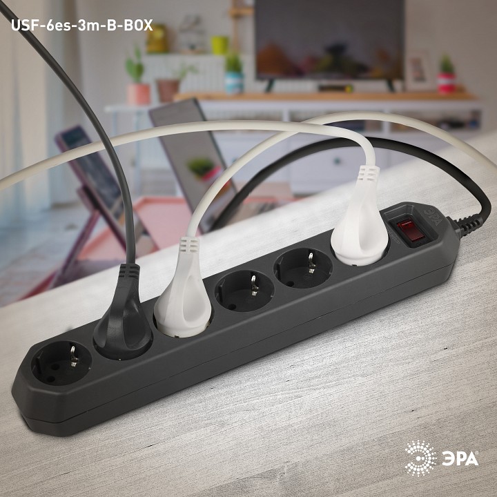 Удлинитель с выключателем Эра  USF-6es-3m-B-BOX